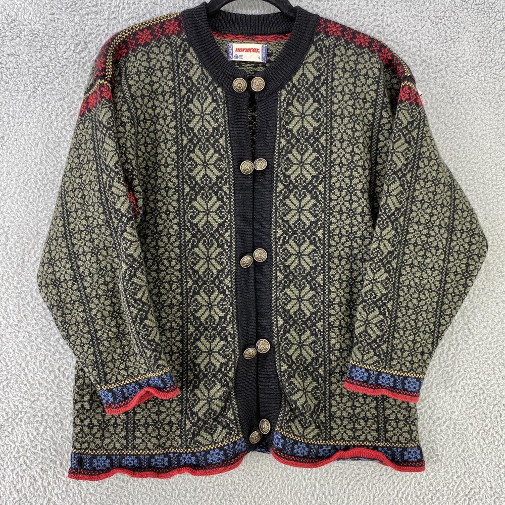 Norwear Cardigan Sweater Womens S Black Wool Fair Isle Nordic Ski Button Iceland